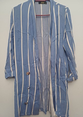 Düğmeli Mavi Uzun Kadın  Ceket - Görsel 2