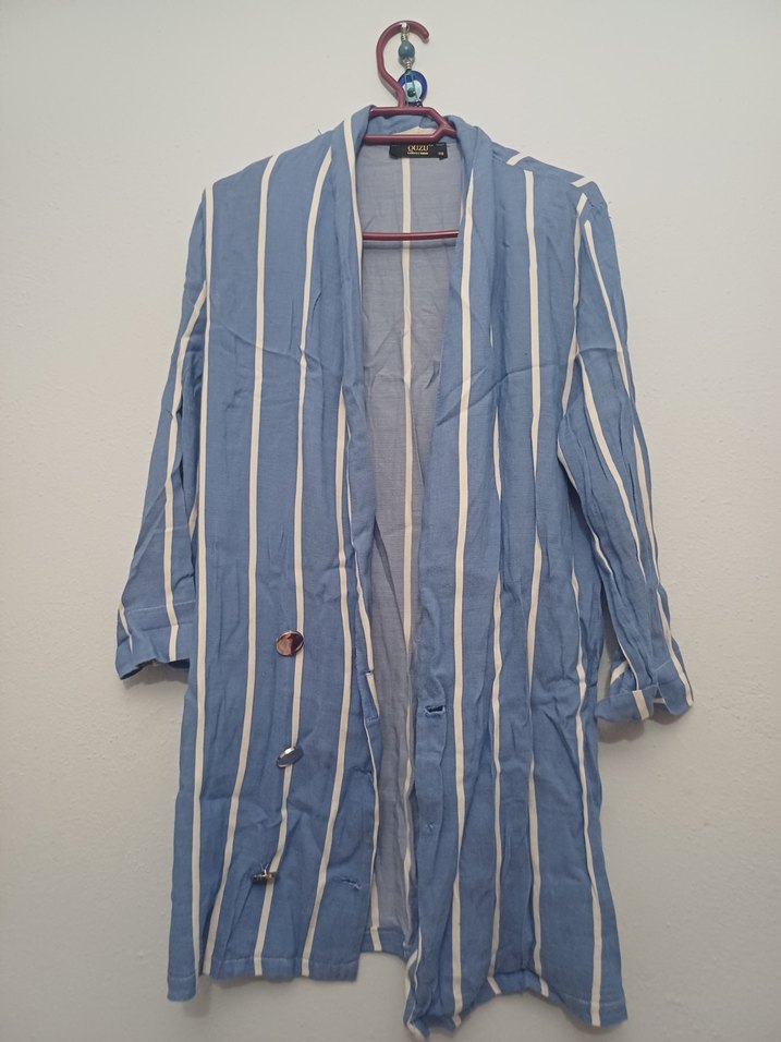 Düğmeli Mavi Uzun Kadın  Ceket - Görsel 3