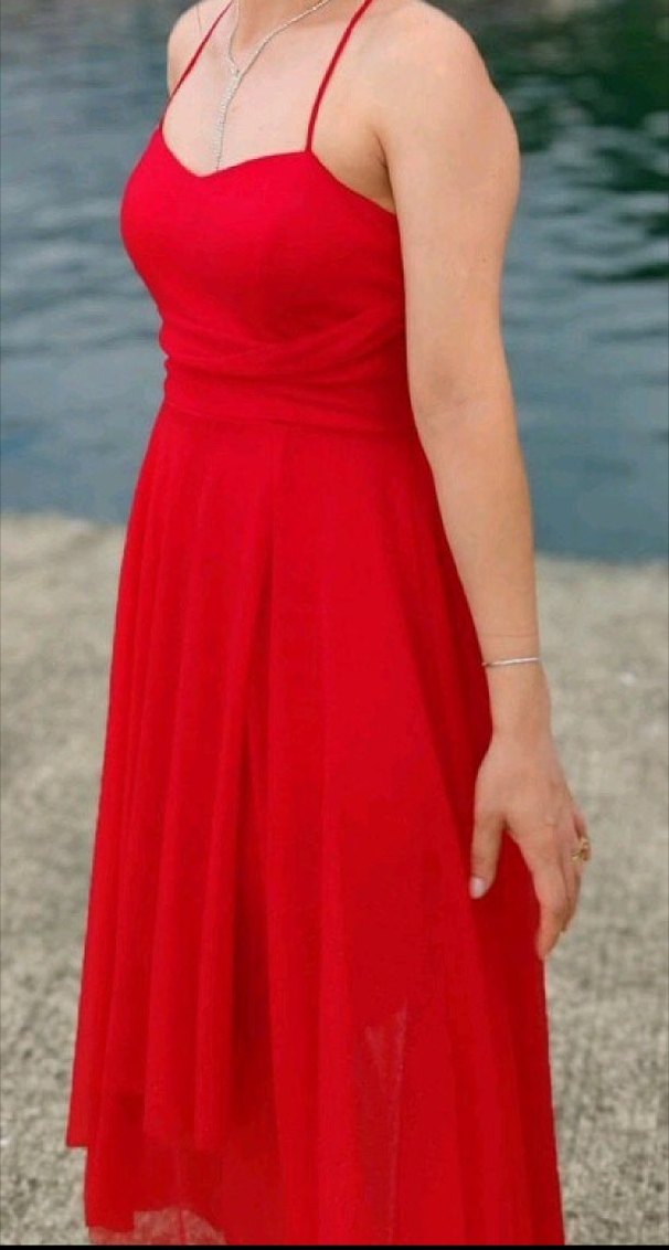Parlak Kırmızı Drapeli Uzun Kadın Elbise - Görsel 3