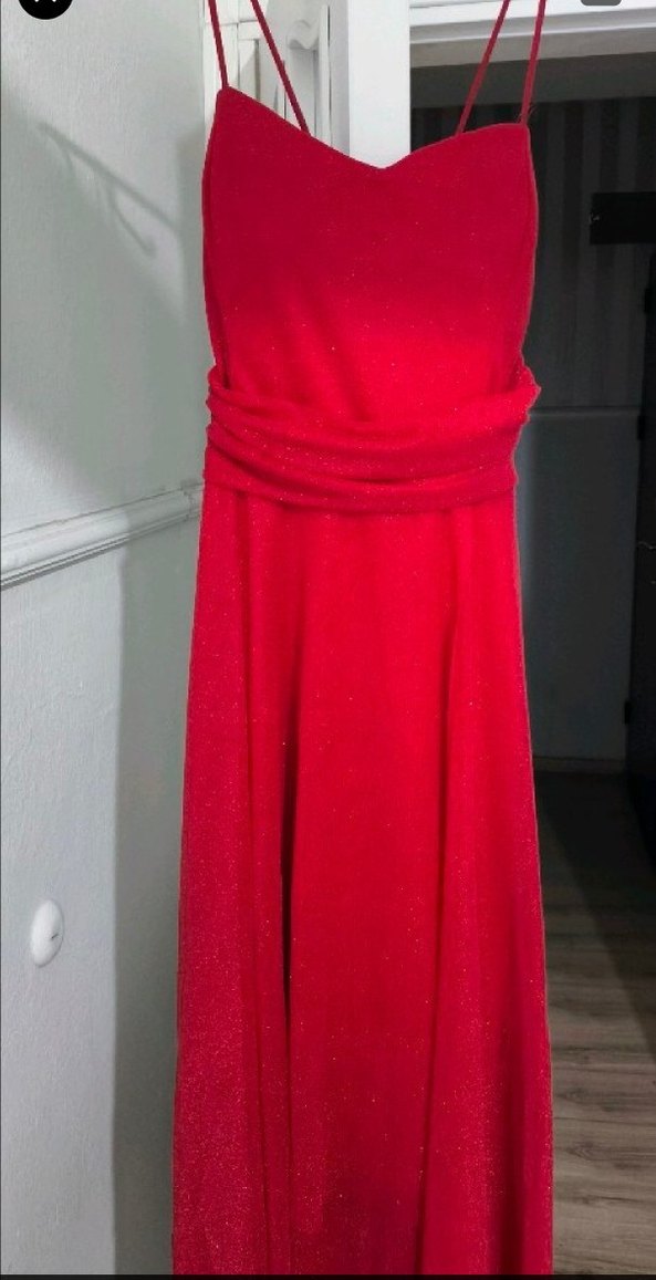 Parlak Kırmızı Drapeli Uzun Kadın Elbise - Görsel 2