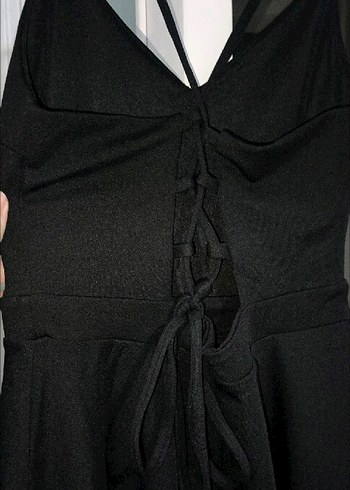 Siyah V Yakalı Uzun Strappy Gotik Elbise - Görsel 5