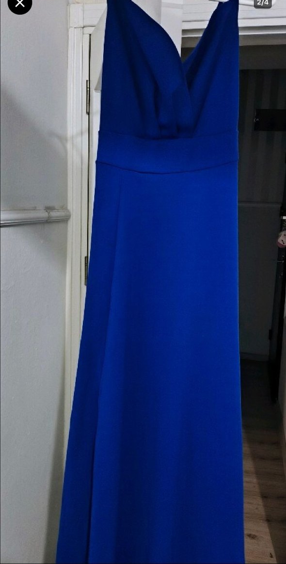 Mavi Parlak Uzun Drapeli Abiye Elbise - Görsel 3