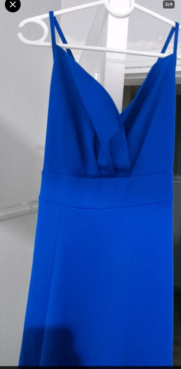 Mavi Parlak Uzun Drapeli Abiye Elbise - Görsel 2