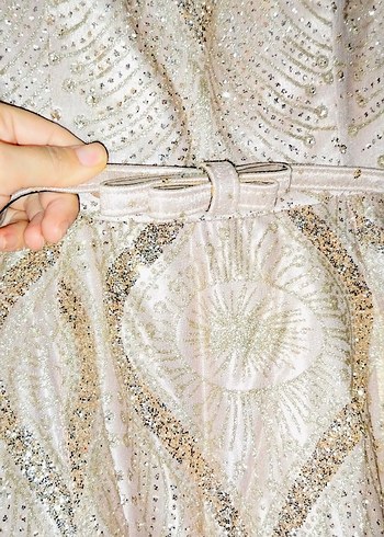 Bej Vintage Uzun Kollu Drapeli Kadın Abiye - Görsel 4