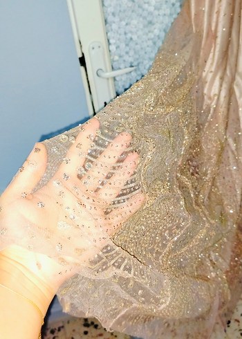 Bej Vintage Uzun Kollu Drapeli Kadın Abiye - Görsel 3