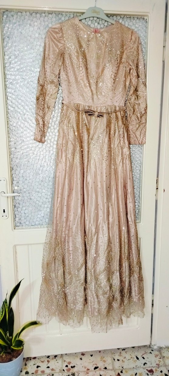 Bej Vintage Uzun Kollu Drapeli Kadın Abiye - Görsel 2