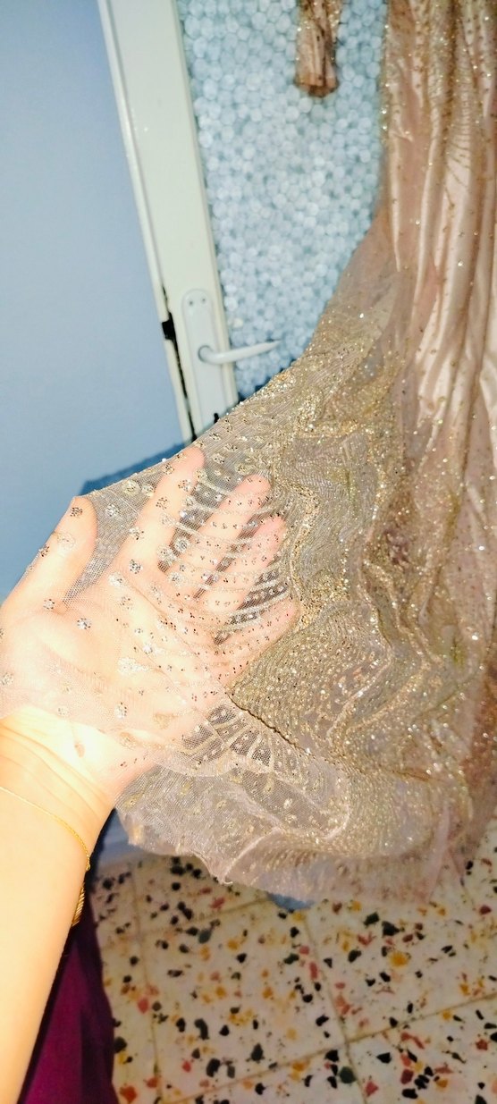 Bej Vintage Uzun Kollu Drapeli Kadın Abiye - Görsel 3