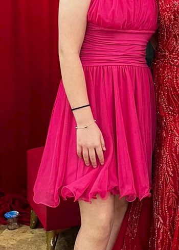 Parlak Pembe Straplez Midi Abiye Elbise - Görsel 3