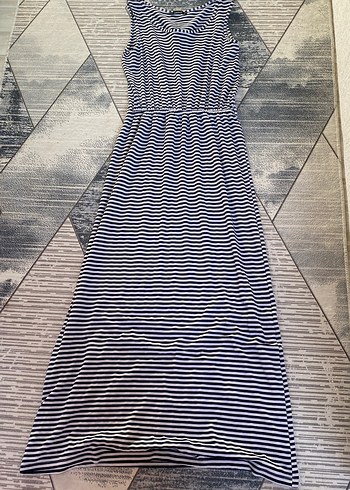 Çizgili Lacivert Uzun Pliseli Kadın Elbise - Görsel 2