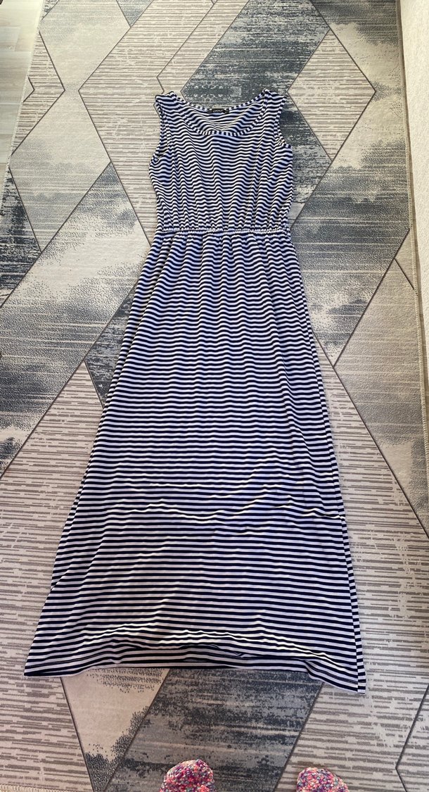 Çizgili Lacivert Uzun Pliseli Kadın Elbise - Görsel 2