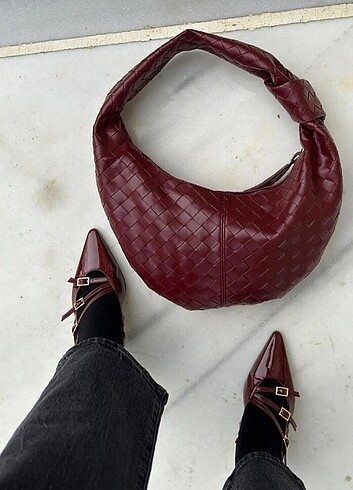Bordo örgülü detaylı çanta büyük boy