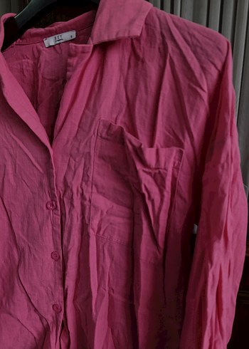 Pembe Düğmeli Uzun Kollu Keten Gömlek - Görsel 2