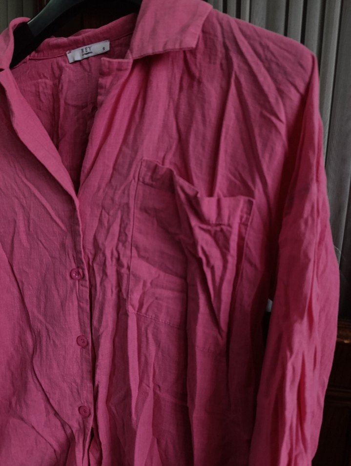 Pembe Düğmeli Uzun Kollu Keten Gömlek - Görsel 2