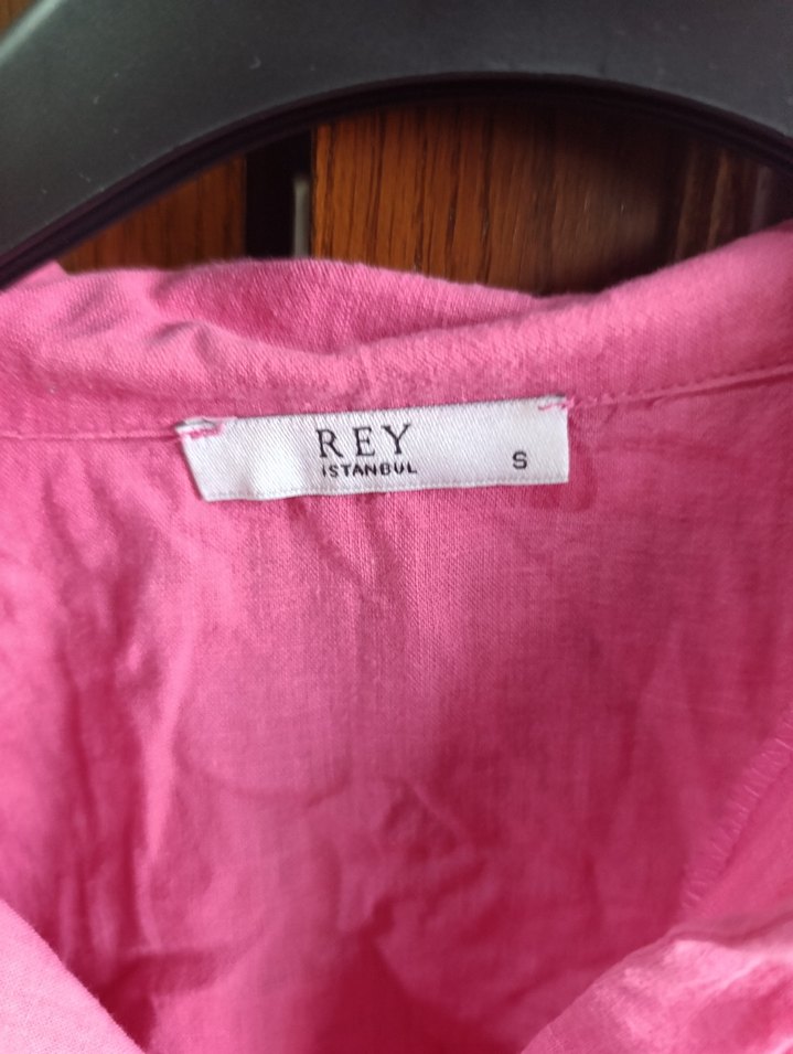 Pembe Düğmeli Uzun Kollu Keten Gömlek - Görsel 3