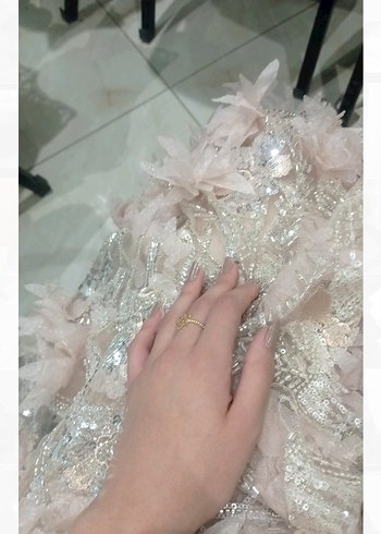 Bej pudra tonlar işlemeli özel dikim elbise - Görsel 5