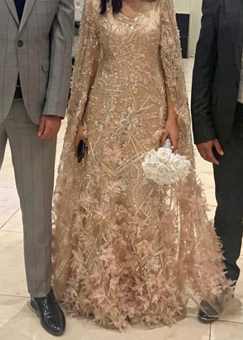 Bej pudra tonlar işlemeli özel dikim elbise - Görsel 6