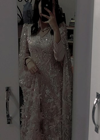 Bej pudra tonlar işlemeli özel dikim elbise - Görsel 4