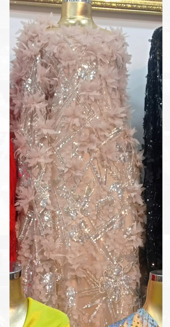 Bej pudra tonlar işlemeli özel dikim elbise - Görsel 2