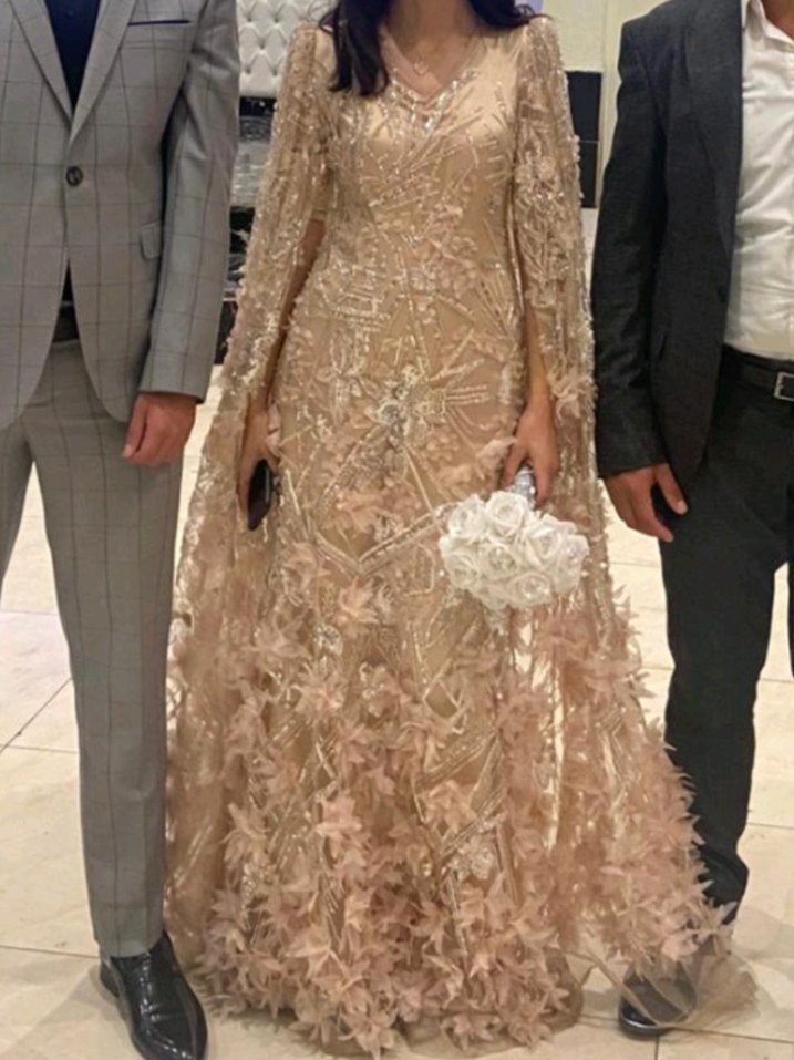 Bej pudra tonlar işlemeli özel dikim elbise - Görsel 3