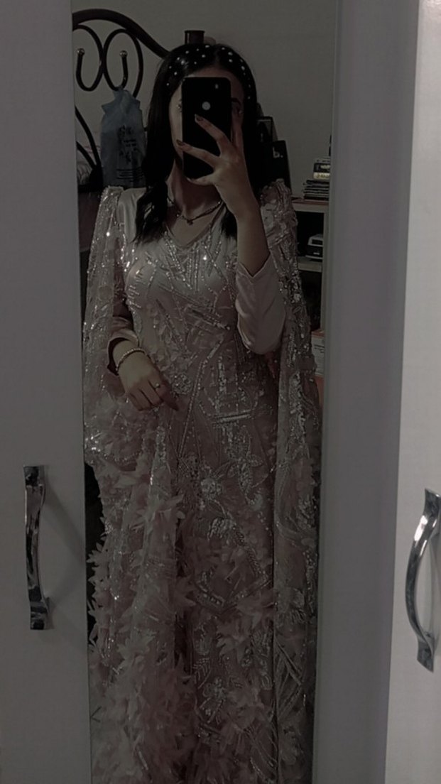 Bej pudra tonlar işlemeli özel dikim elbise - Görsel 4