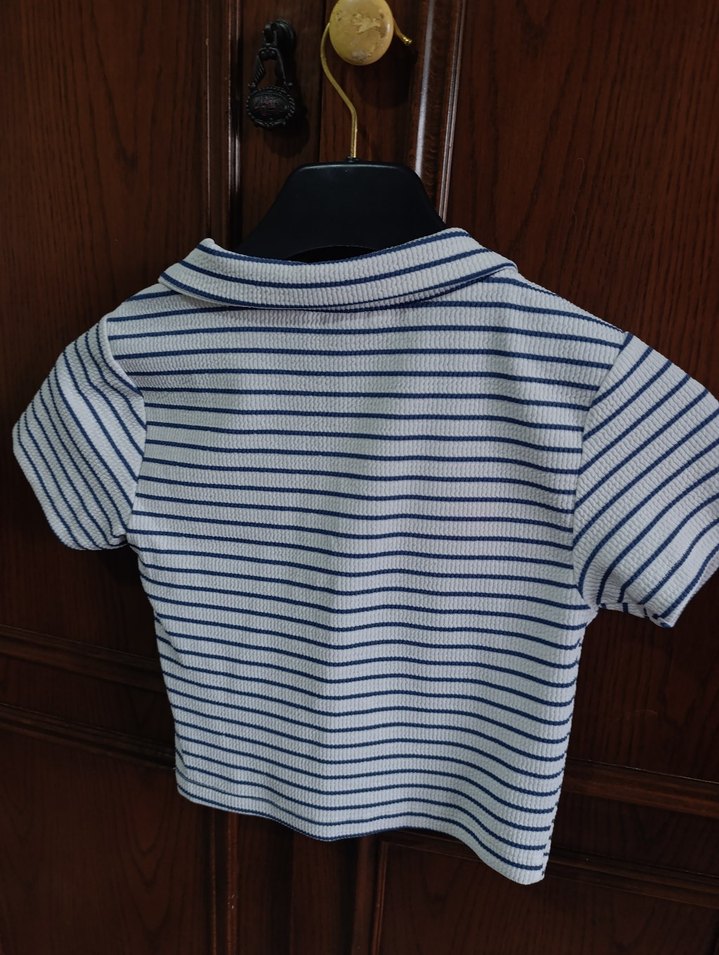 Beyaz Çizgili Kısa Kollu Mini Kadın Gömlek - Görsel 2