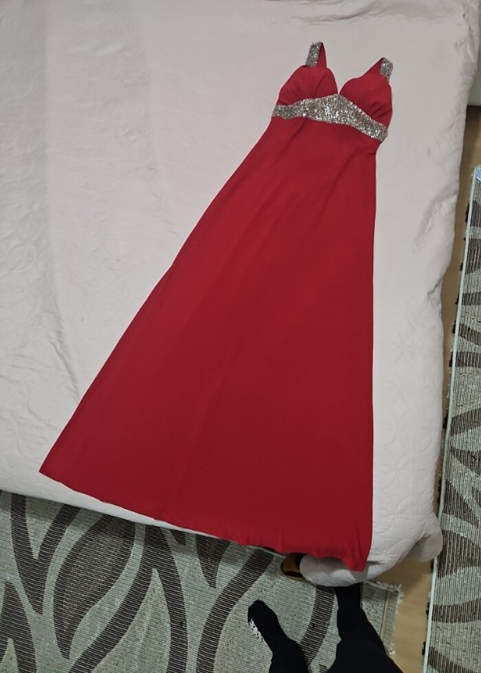 kırmızı boncuk pul ısleme abiye elbise 38 beden  - Görsel 2