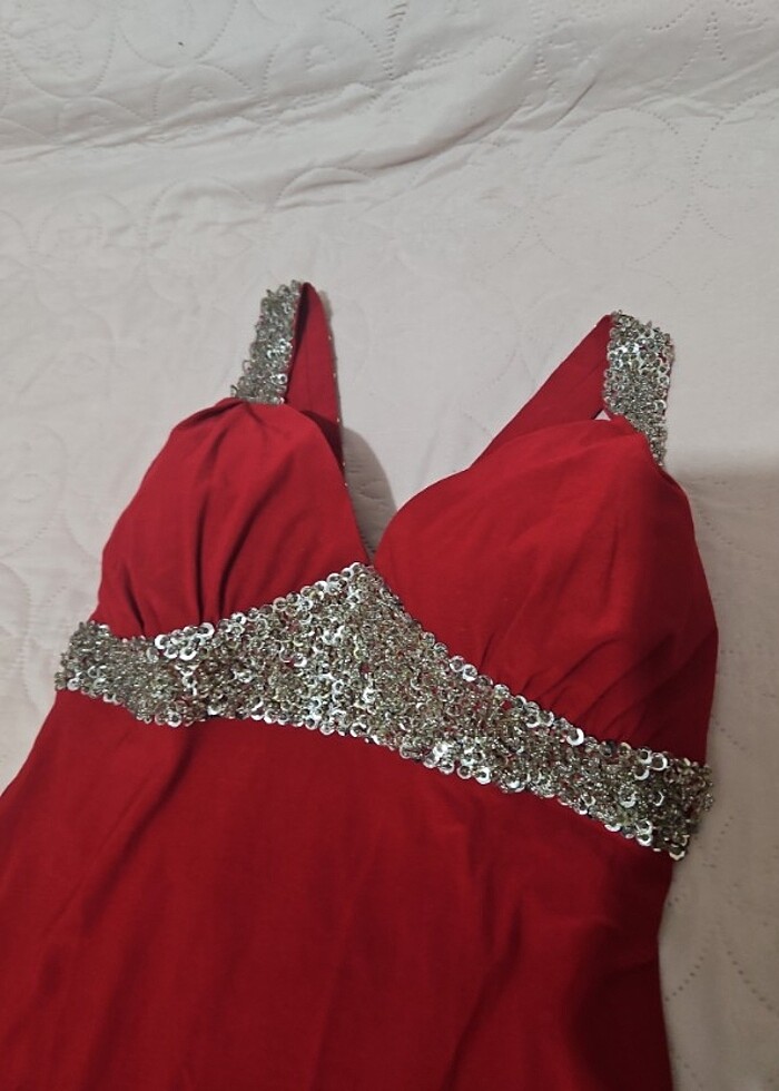 kırmızı boncuk pul ısleme abiye elbise 38 beden  - Görsel 5