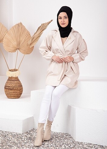 Diğer KISA BALON KOL KÖPRÜ KEMERLİ GİZLİ CEPLİ ŞIK TRENÇKOT MODELİ