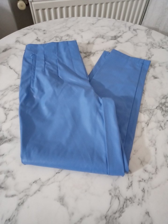 Mavi Parlak Kadın deri Kumaş Pantolon - Görsel 2