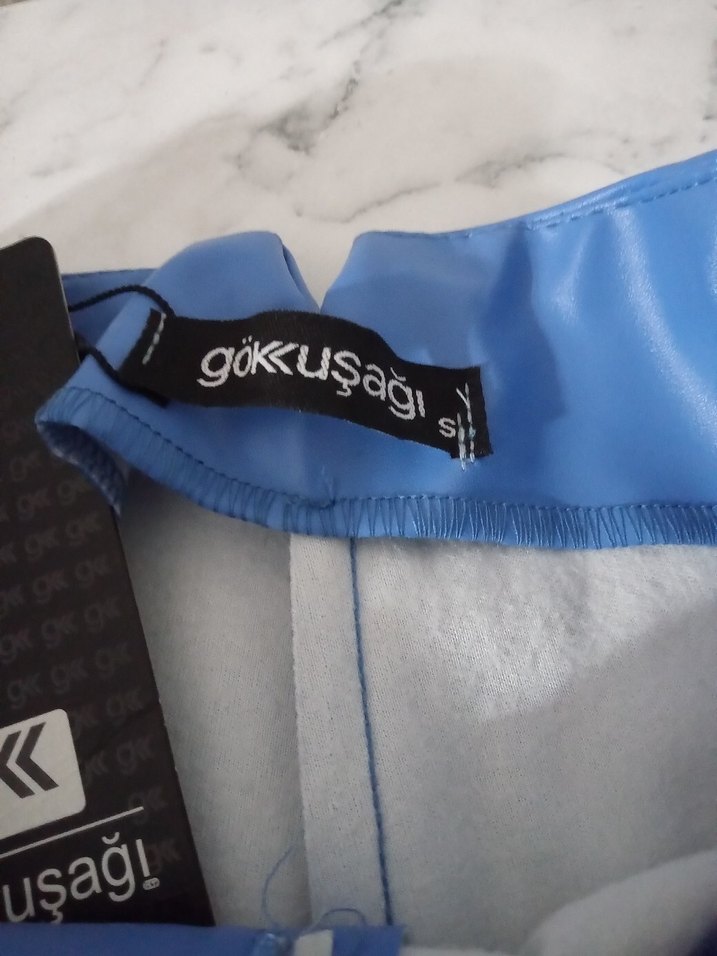 Mavi Parlak Kadın deri Kumaş Pantolon - Görsel 3