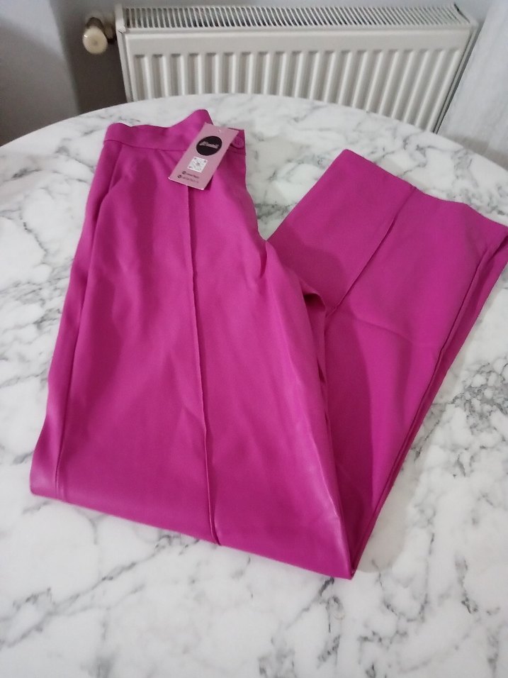 Pembe Midi Pilili Kadın deri Kumaş Pantolon - Görsel 2