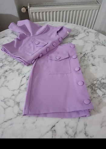 Düğmeli Mini Mor Kadın Takım etek boyu 38 cm - Görsel 2