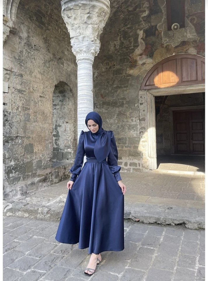 Lacivert Drapeli Uzun Kadın Elbise - Görsel 2