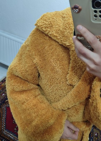 Sarı Peluş El Örgüsü Midi Boy Ceket - Görsel 3