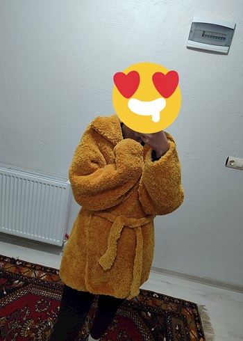 Sarı Peluş El Örgüsü Midi Boy Ceket - Görsel 2