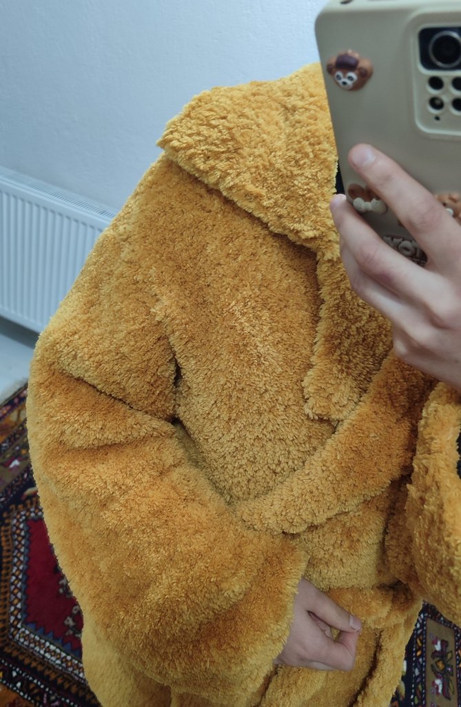 Sarı Peluş El Örgüsü Midi Boy Ceket - Görsel 3