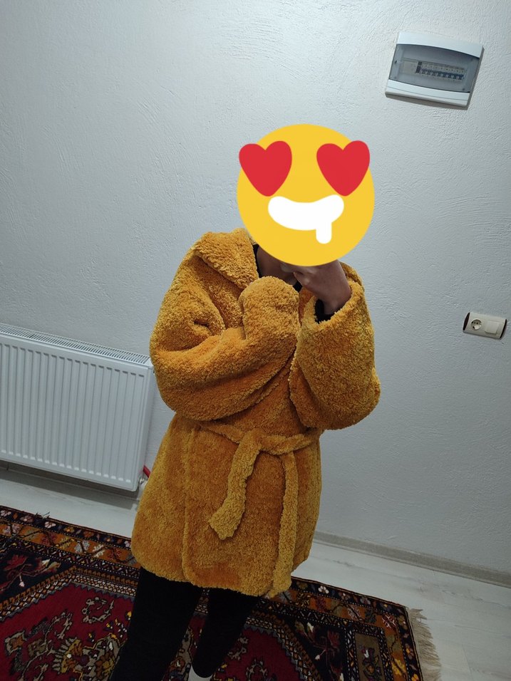 Sarı Peluş El Örgüsü Midi Boy Ceket - Görsel 2