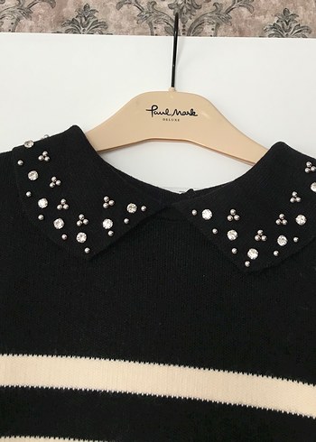 Kısa Kollu Siyah Beyaz Çizgili Triko Elbise - Görsel 4