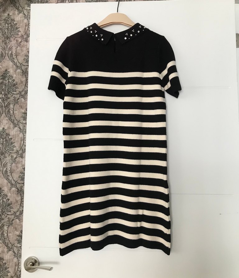 Kısa Kollu Siyah Beyaz Çizgili Triko Elbise - Görsel 2