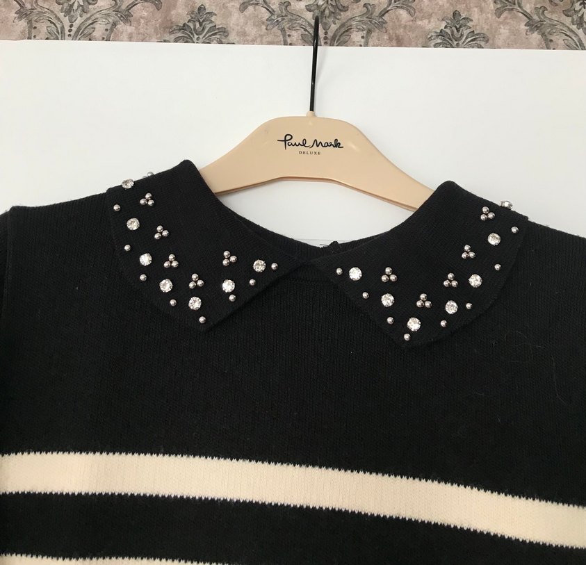 Kısa Kollu Siyah Beyaz Çizgili Triko Elbise - Görsel 4