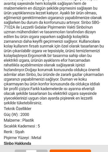 Beden Renk Sinbo SBG-7102A Elektrikli Ayaklı Izgara Siyah
