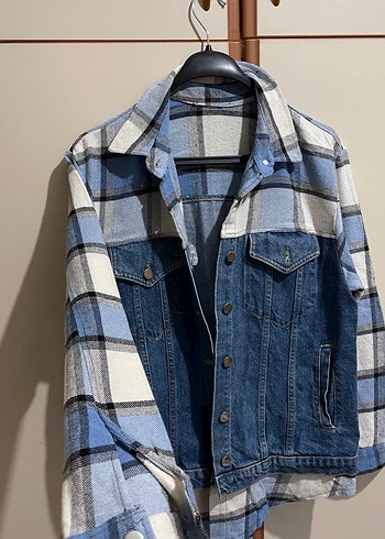 Düğmeli Kareli Mavi Kadın Kot Detay Gömlek Ceket - Görsel 2