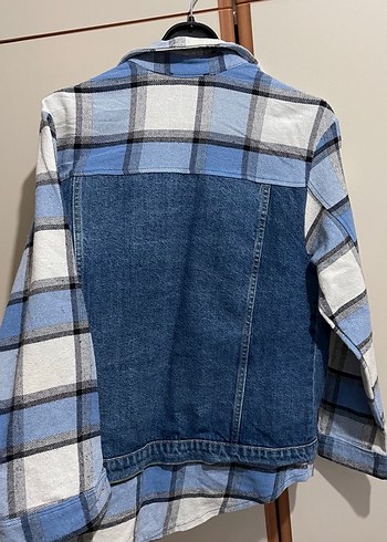 Düğmeli Kareli Mavi Kadın Kot Detay Gömlek Ceket - Görsel 3