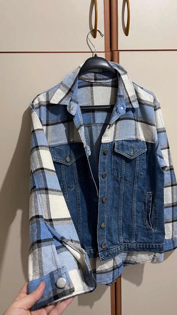 Düğmeli Kareli Mavi Kadın Kot Detay Gömlek Ceket - Görsel 2