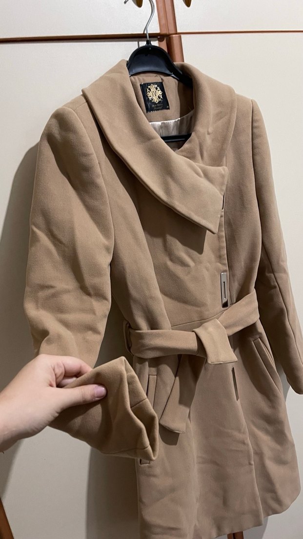 Bej Kemerli Midi Kadın Kaşe Kaban - Görsel 2