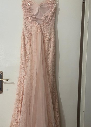 Dantelli Uzun Pembe V Yaka Abiye Elbise - Görsel 2