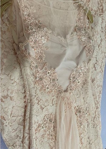 Dantelli Uzun Pembe V Yaka Abiye Elbise - Görsel 5