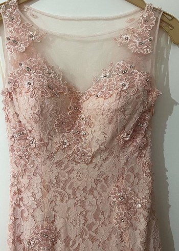 Dantelli Uzun Pembe V Yaka Abiye Elbise - Görsel 3