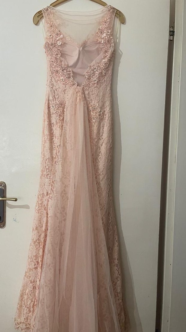 Dantelli Uzun Pembe V Yaka Abiye Elbise - Görsel 2