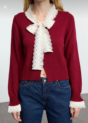 Dantel Detaylı Bordo V Yaka Hırka - Görsel 2